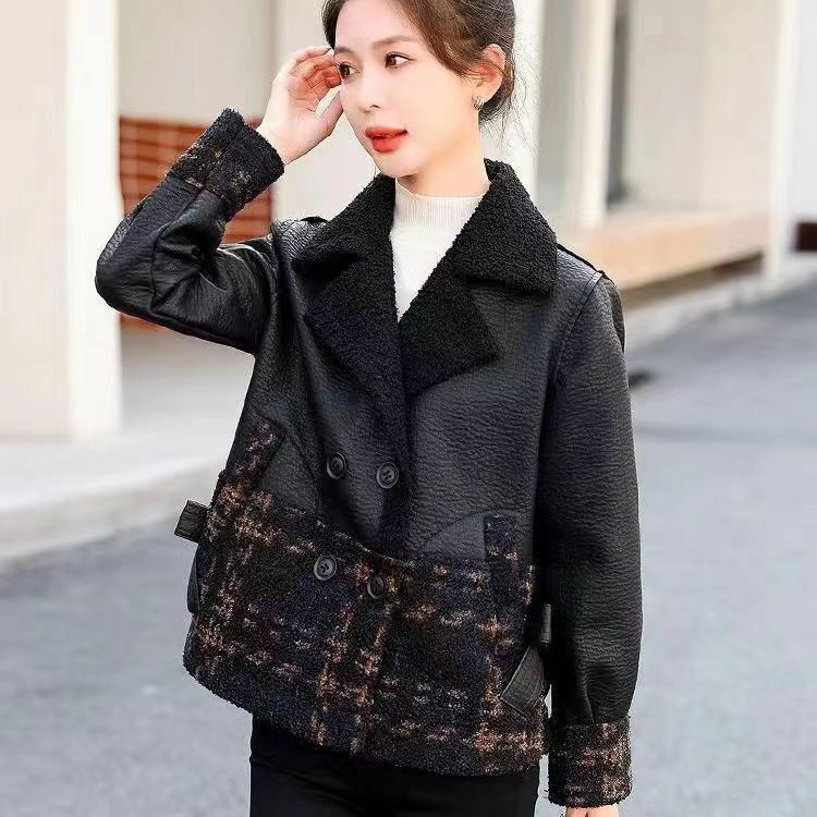 WYBLZ Korean Version Faux Leather Jacket Fur Coat Double Wear Plush Coat Autumn Winter Loose Oversized Leather Jackets for Women