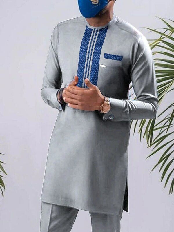 African Middle Eastern Casual Grey Slim Fit Shirt Muslim Fashion Robe Set Muslim Sets Kaftan Bonnet HommeMusulman Arab 2023