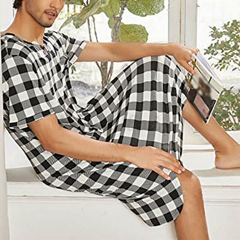 V-neck Pajamas Plaid Print Men's Summer Pajamas with Short Sleeves Chest Pocket V Neck Casual Sleep Robe One-piece for Comfort