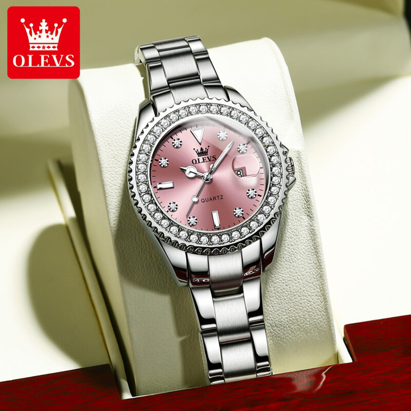 OLEVS jam tangan kuarsa mewah wanita, arloji gelang perak berlian imitasi Dial dengan tali baja tahan karat tangan bercahaya Pink