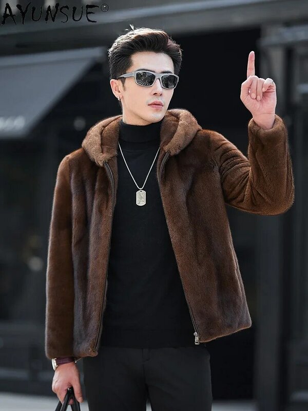 Ayusue-abrigo de piel Natural de alta gama para hombre, ropa con capucha, chaqueta de piel de visón Real de negocios informal, abrigo de invierno