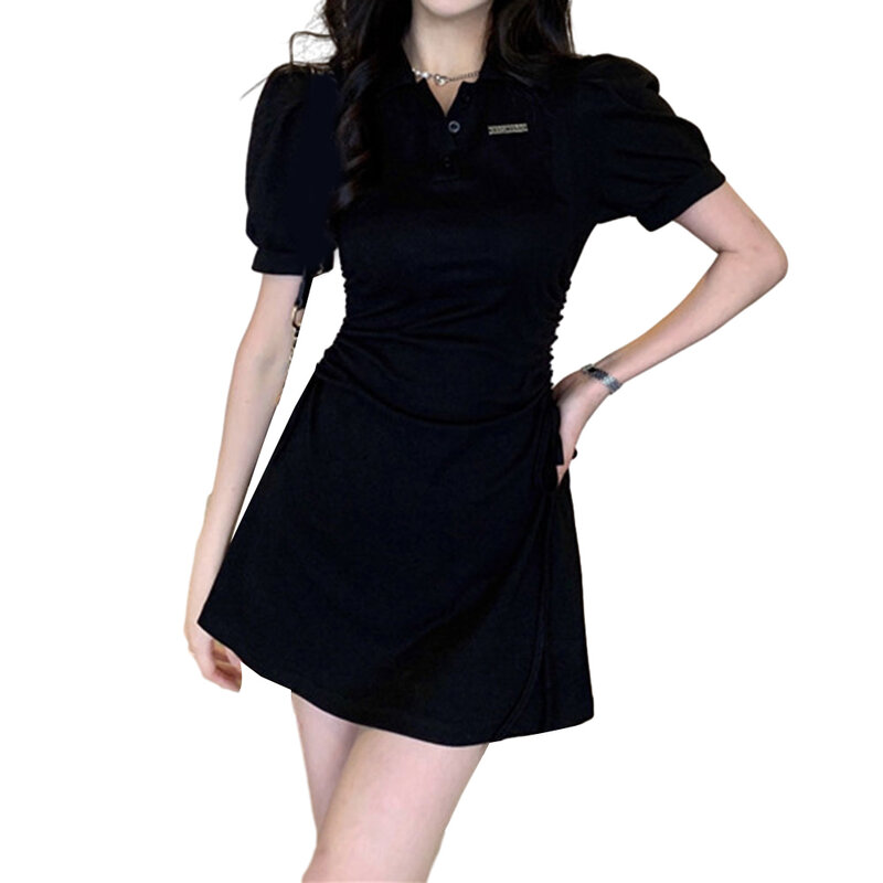 Mini vestido de manga folhada feminino, alta qualidade, diário, doce, cintura com cordão, elegante, menina, coreano, verão