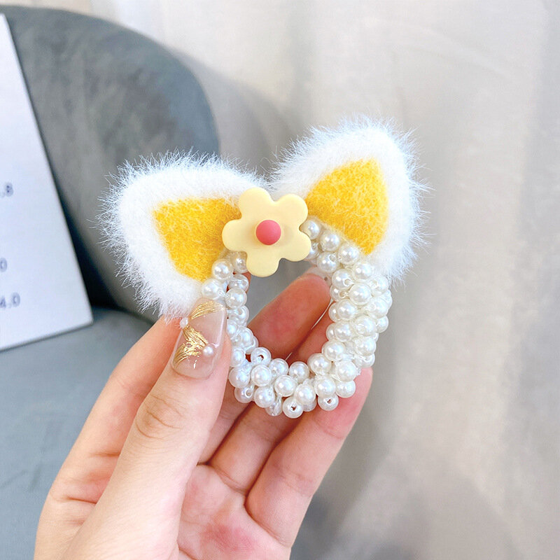 Girls' Plush Ear Hair Accessories Pearl Disc Elastic Hair Loop Gifts for Children with Hair Rings Cute Without Hurting Hair