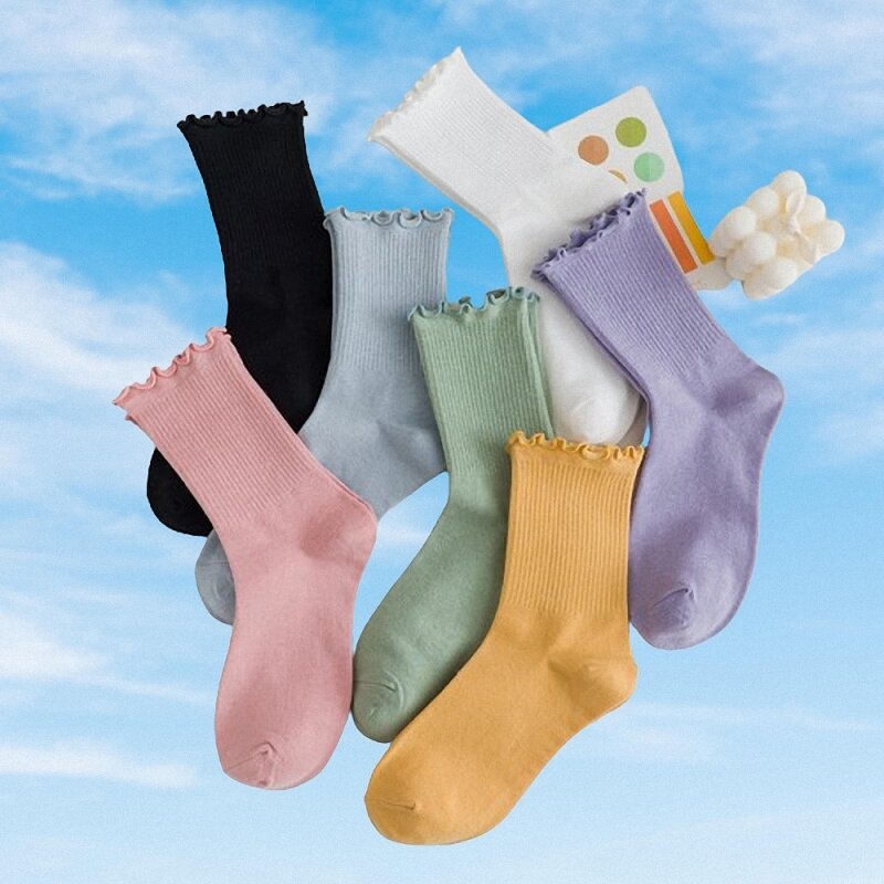 Chaussettes mi-longues respirantes en dentelle à volants pour femmes, polyester, coton, solide, document, haute qualité, mignon, nouveau, 3 paires