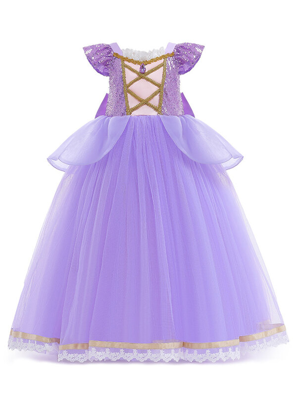 Костюм принцессы Рапунцель для девочек, роскошный сетчатый костюм с париком и юбкой для карнавала и бала на Хэллоуин, косплей, платье Диснея