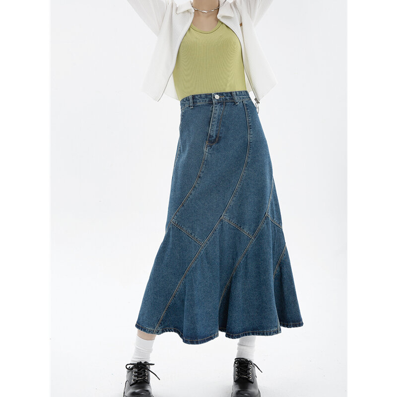 Rok Terompet Denim Wanita Biru Vintage Musim Panas 2022 Rok Jeans Putri Duyung Panjang Wanita Pinggang Tinggi Tidak Beraturan Kasual Gaya Streetwear