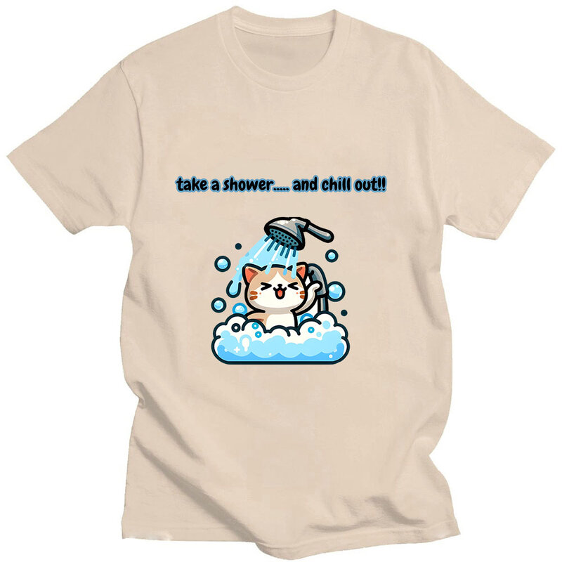 Camiseta anime masculina de manga curta estampada com gola O, roupas macias de algodão, camiseta Harajuku, chuveiro de gato, verão