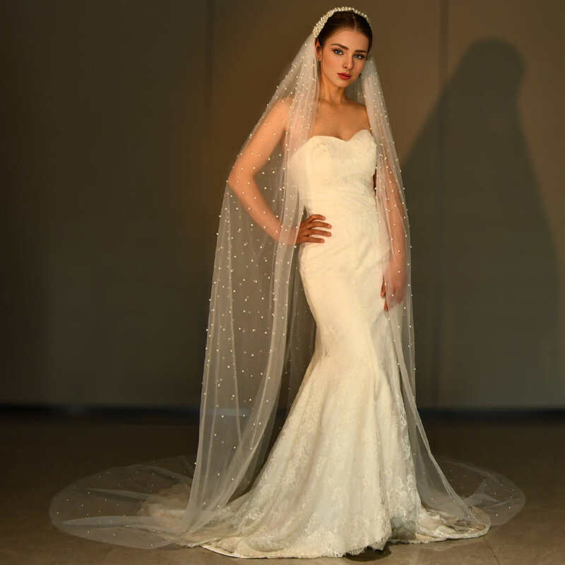 Bridal Pearl Veil Crown Headwear, 3m Wide Cathedral Veil, Luxo, Noiva, Alto Grau, 2023