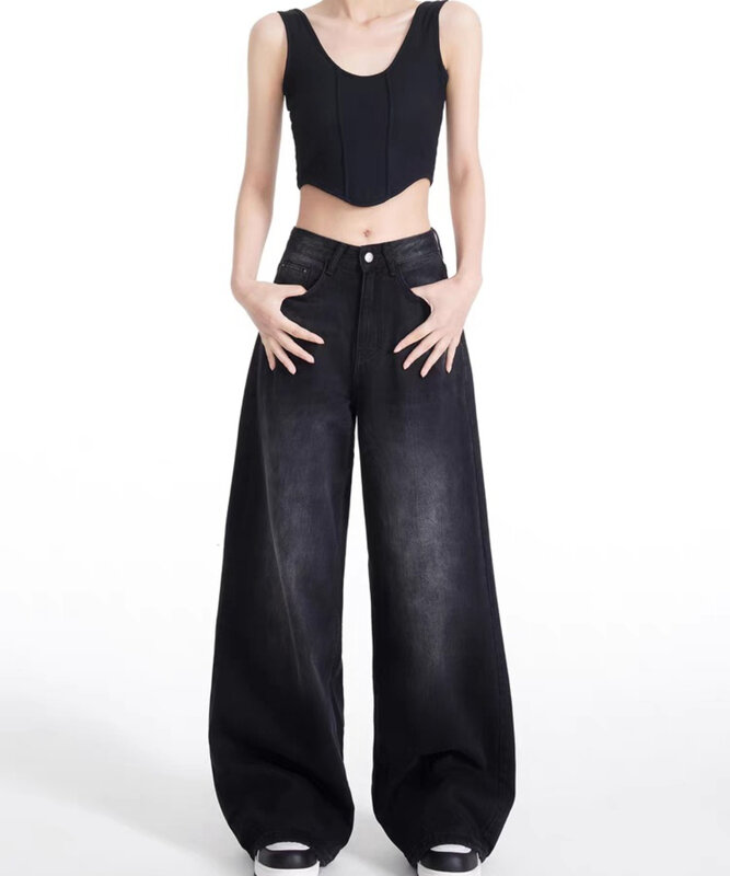 Женские винтажные джинсы с широкими штанинами, черные и серые свободные брюки с высокой талией в американском стиле, осень 2024