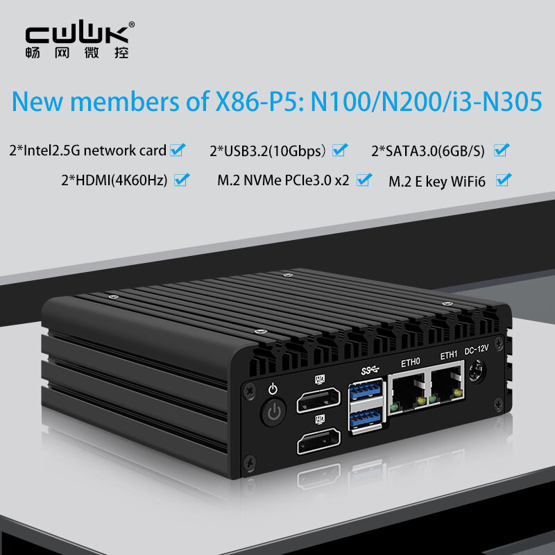 CWWK-Roteador Fanless Mini PC Firewall, Servidor Proxmox, X86 P5, 12th Gen, Intel N100, DDR5, 4800MHz, 2x i226-V, 2.5G LAN, HDMI2.1