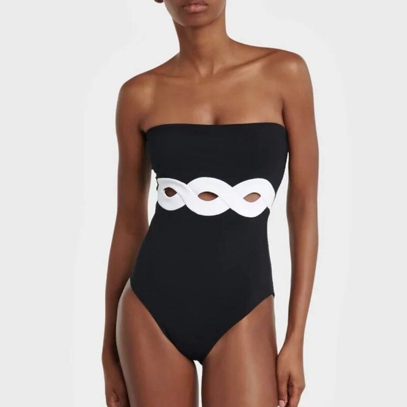 2024 Cutout Black and White One Piece Swimwear Women Vacation Beachwear Luxury Bathing Suit Bodysuit Dress