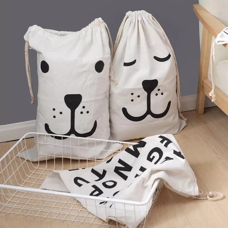 Large Cotton and Linen Laundry Bag Clothes Toys Storage Bag Printing Fabric Drawstring Duffle Bag Dirty Clothes Organizer Bags