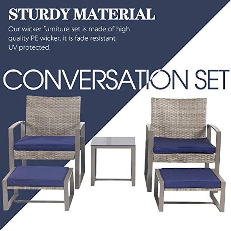 5pcs Wicker Conversation Set Patio PE Rattan All Weather Cushioned Chairs Balcony Porch with Ottoman and Glass Coffee Side Table