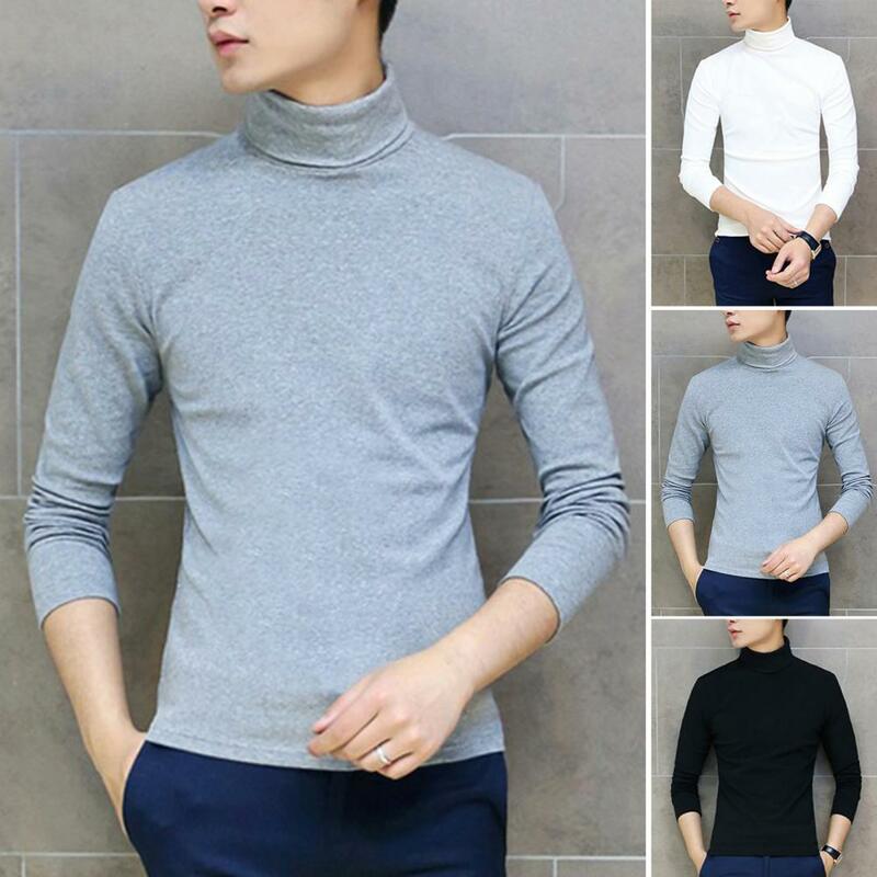Winter Men Base Top Solid Color Long Sleeves High Collar Pullover Soft Keep Warm Casual Simple Plush Men Shirt for Daily Wear