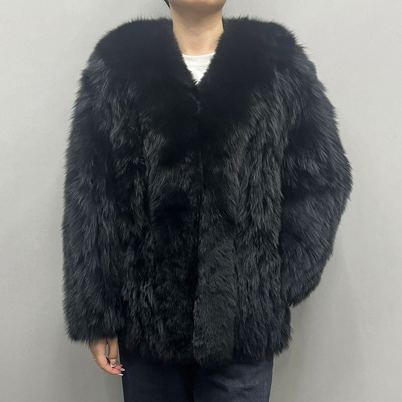 여성용 럭셔리 천연 모피 코트, 빅 칼라, 리얼 여우 모피 직조 재킷, 따뜻한 겨울