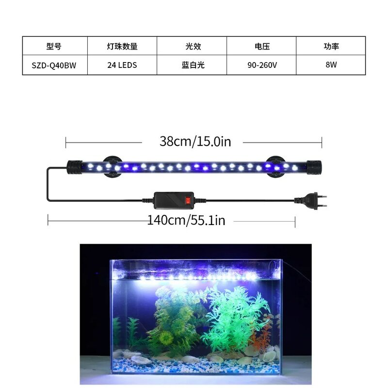 Luz LED para acuario, lámpara impermeable para cultivo de plantas, 18-58CM, iluminación para decoración de acuarios subacuáticos, 90-260V, chip 5730