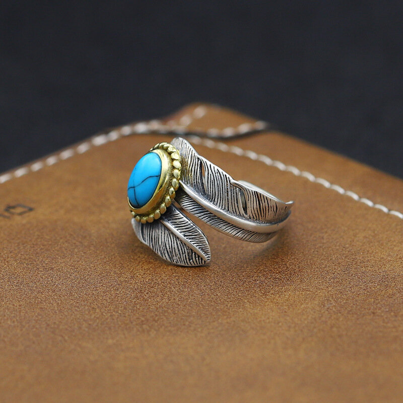 Anillo de plumas indias de plata de ley S925, conjunto vintage de moda turquesa, anillo abierto para hombres y mujeres, regalo de joyería, precio de fábrica