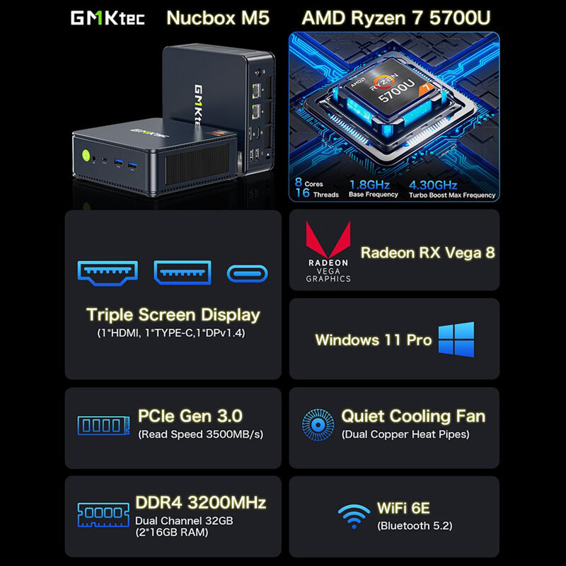 GMKtec-Mini PC com NUCBOX Radeon Graphics, GMK M5, AMD Ryzen 7 5700U, Core Counts, 11 Pro, WiFi, 6E, SO-DIMM, Slot× 2, Max 64GB