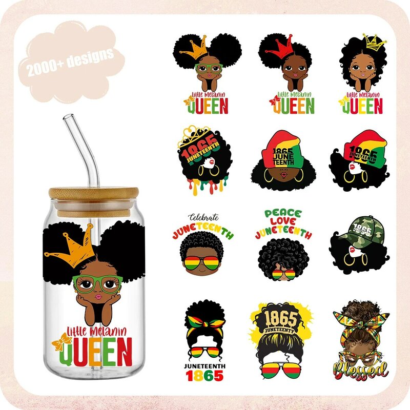 Juneteenth Fashion Woman UV DTF Cup Wraps Decals Printing Self-adhesive Stickers For 16oz Glass Cup