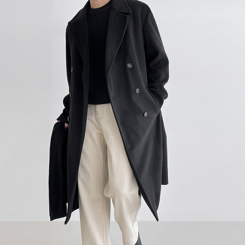 Casaco de lã masculino de comprimento médio outono e inverno versão coreana solta e de alta qualidade sentimento espessamento Trench Coat