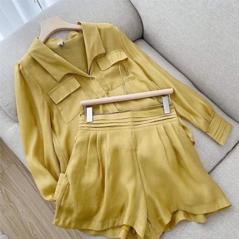 Spring Shirt Two Piece Set For Women Summer Shorts 2 Piece Sets Suits Solid Color Long Sleeve Shirt Short Casual Outfits Female