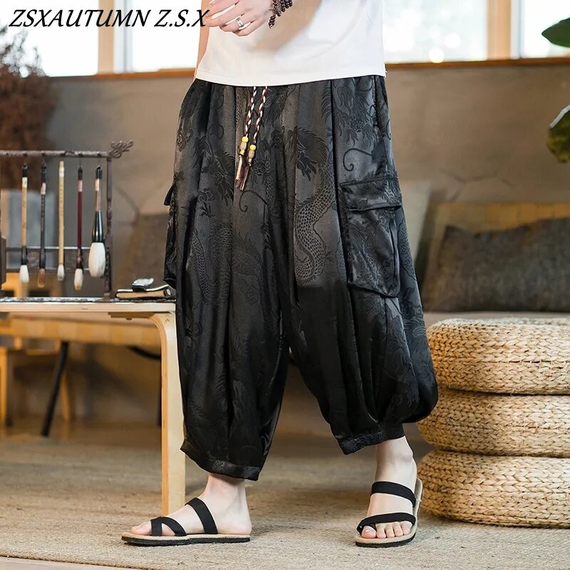 Czarne chińskie spodnie męskie wzór smoka Retro haremowe Vintage spodnie dresowe męskie Hip-hop Street Beat Harajuku casualowe spodnie