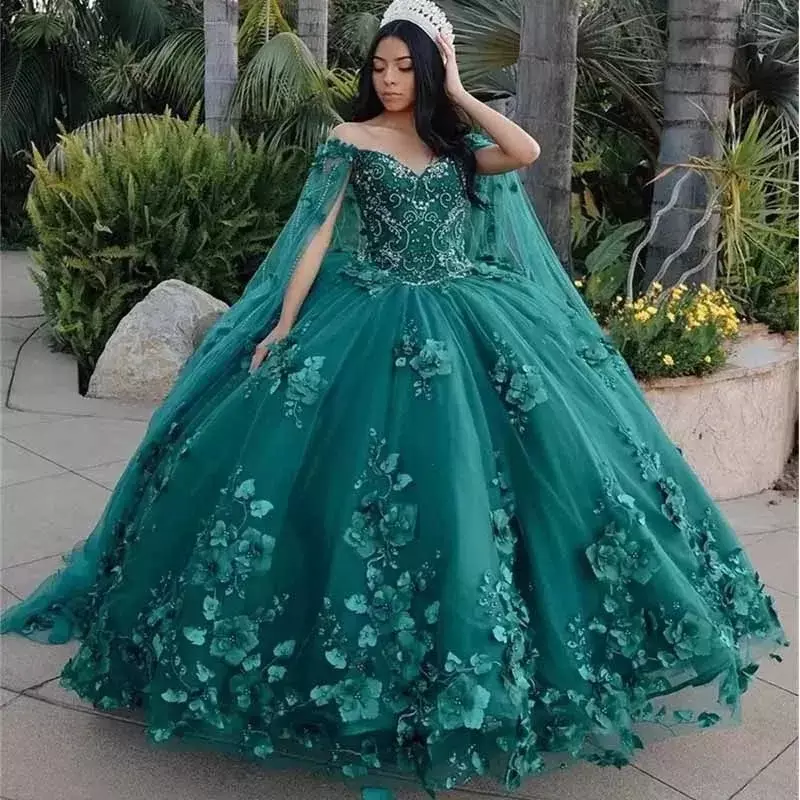 Hunter-Vestidos De Quinceañera De princesa verde con capa, moda, apliques De flores 3D, vestido De baile De 15 años, fiesta De cumpleaños