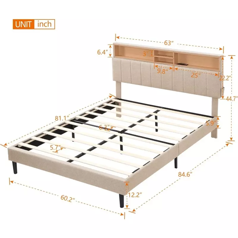 Cama de plataforma tapizada moderna con cabecero de almacenamiento y puertos USB, marco de cama de madera, no requiere resortes de caja, No necesita resorte
