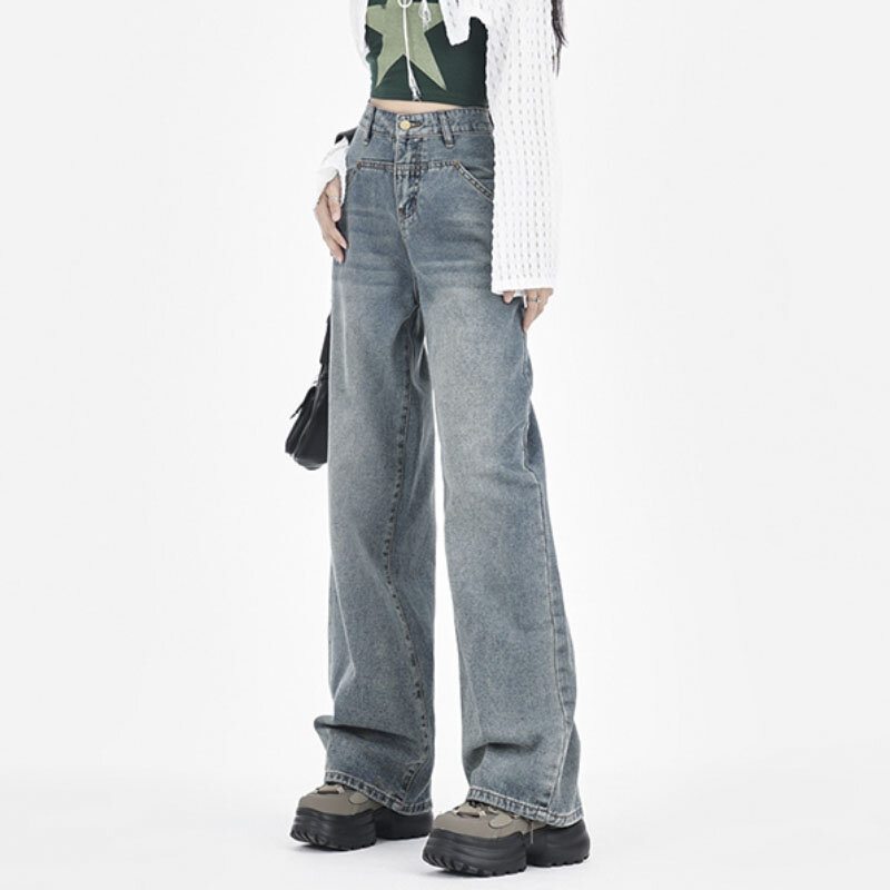 Pantalones vaqueros rectos para mujer, sueltos de Vaqueros cintura alta, pierna ancha, diseño de nicho dividido, Otoño, 2023