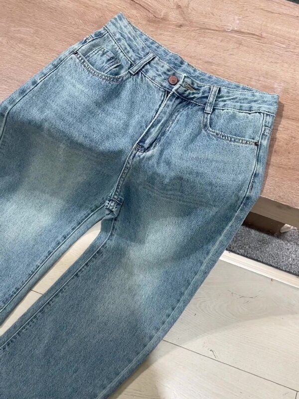 Finewords-Jeans coreano de cintura alta feminino, casual, lavado, solto, perna larga, streetwear, azul claro, calças jeans de lazer