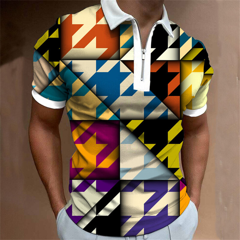 夏のジッパー付きメンズ半袖ラペル,デジタル印刷付きサマーポロシャツ
