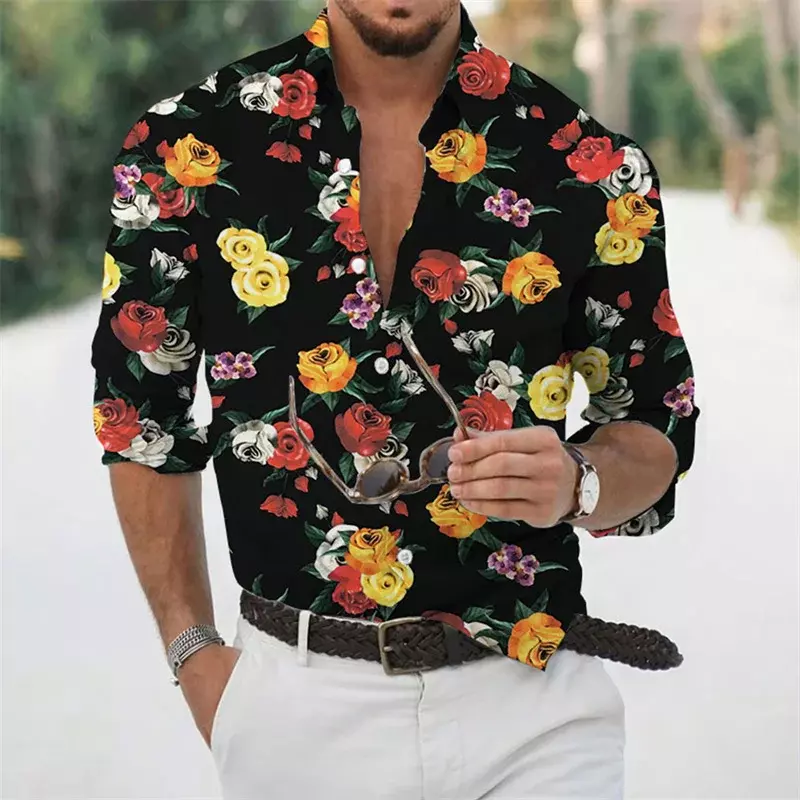 Модная мужская рубашка с цветочным принтом розы, высокое качество, мягкая и удобная Новинка 2023, Лидер продаж, мужские топы с лацканами европейского размера, украшение