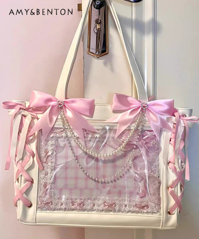 Japanese Sweet Bow Lace Up Cute Handbag Large Capacity Shoulder Bag Gothic Y2K Bags for Women All-Match Kawaii Square Bag