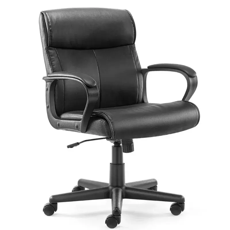 PU Leather Mid-back Office Chair, braços acolchoados fixos para adultos, preto