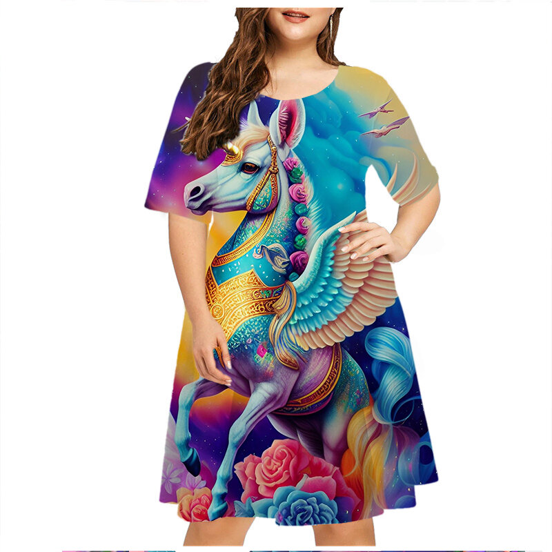 فستان صيفي قصير بأكمام قصيرة غير رسمي أنيق مطبوع عليه حصان ثلاثي الأبعاد للسيدات من Streetwear مقاس 6XL