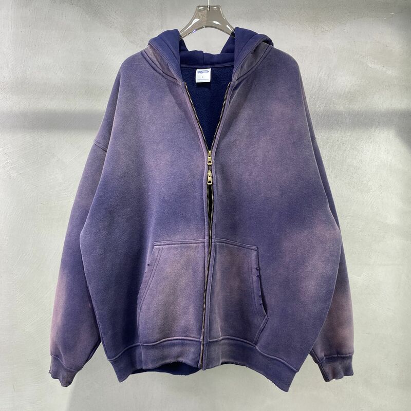 2023 winter thickened spray-dyed vintage double-zippered hoodie