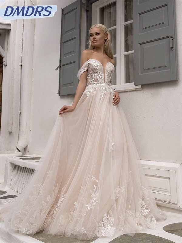 Gaun pengantin applique A-line klasik, gaun pernikahan sederhana 2024, Gaun panjang lantai bahu terbuka anggun