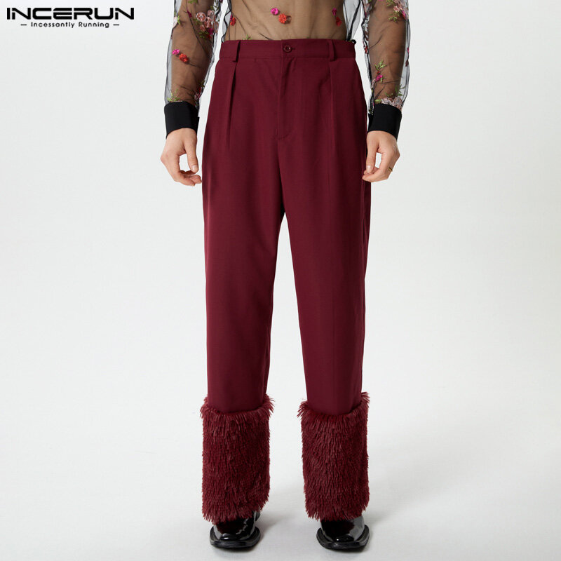 INCERUN męskie spodnie pluszowy patchworkowy guzik luźny proste spodnie na co dzień mężczyzn Streetwear 2024 osobowa moda Pantalon S-5XL