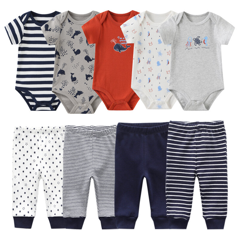 Monos y pantalones de algodón para recién nacido, ropa estampada de manga corta, 6/9/10 piezas, 2023