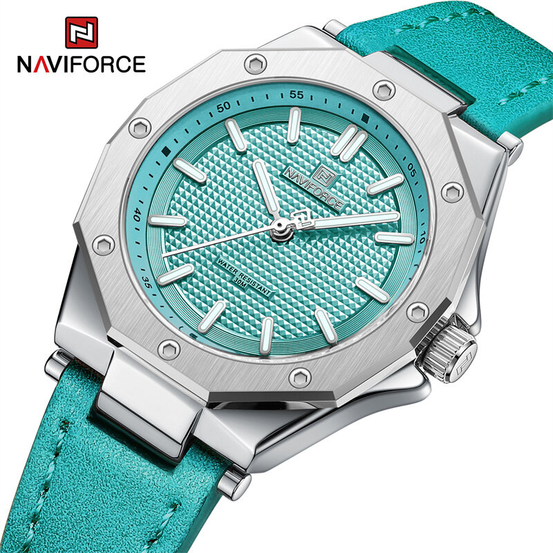 Naviforce-女性用レザークォーツ時計,シンプル,人気,耐水性,フェミニン
