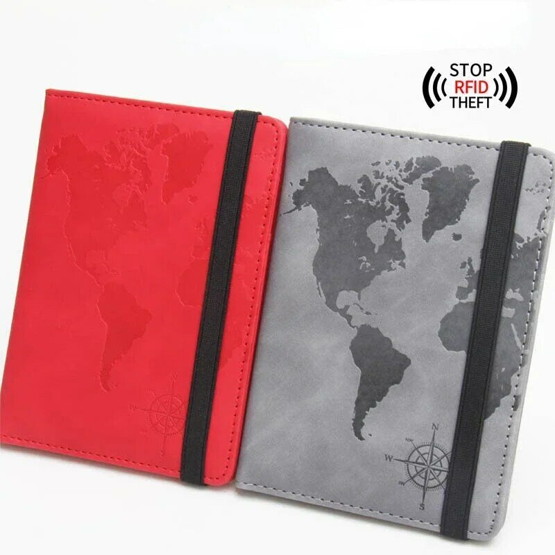 RFID World Map Passport Holder Travel Wallet Clip Strap Anti-magnetic Multi-card Porta Pasaporte Elastic Band Ticket Clip