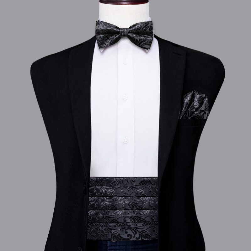 Cummerbunds de seda preta Floral masculina oi-tie, gravata Jacquard Vintage, abotoaduras Hanky, espartilho de cinto Cummerbund, casamento masculino eventos