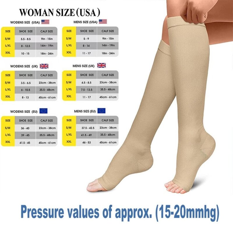 Meias de compressão médicas Open Toe para mulheres e homens, preto, joelho alta compressa, esportes, S, M, L, XL, XXL