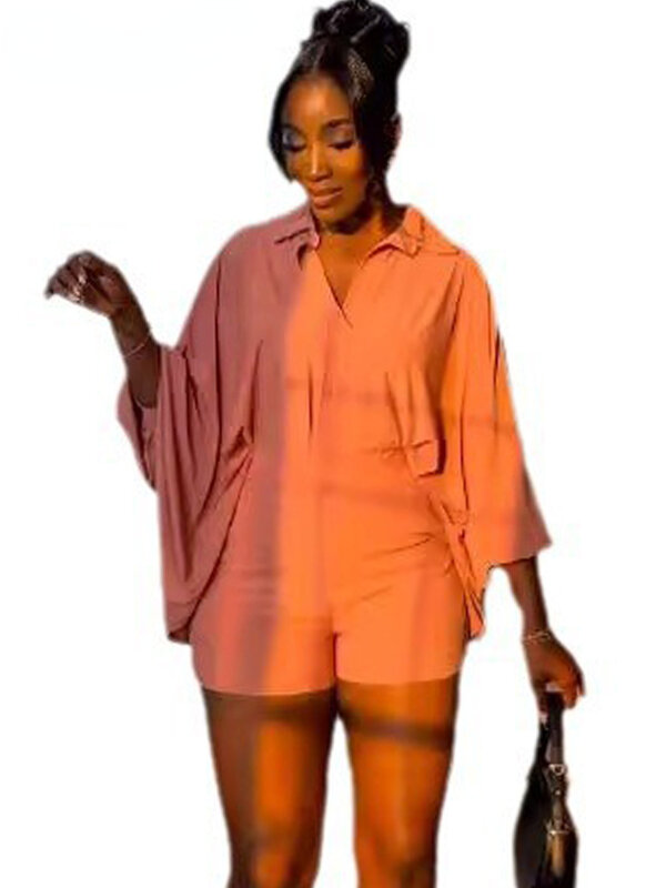 Elegant Batwing Sleeve Loose Shirt Top and Shorts Two 2 Piece Set for Women Solid Birthday Suit Spring Streetwear Outfits