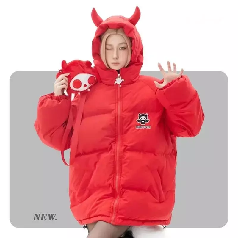 Little Devil Cartoon Parka With Wings And Tail Creative High Street Winter Warm Down Y2K Jacket Couple Loose Hooded Bubble Coat