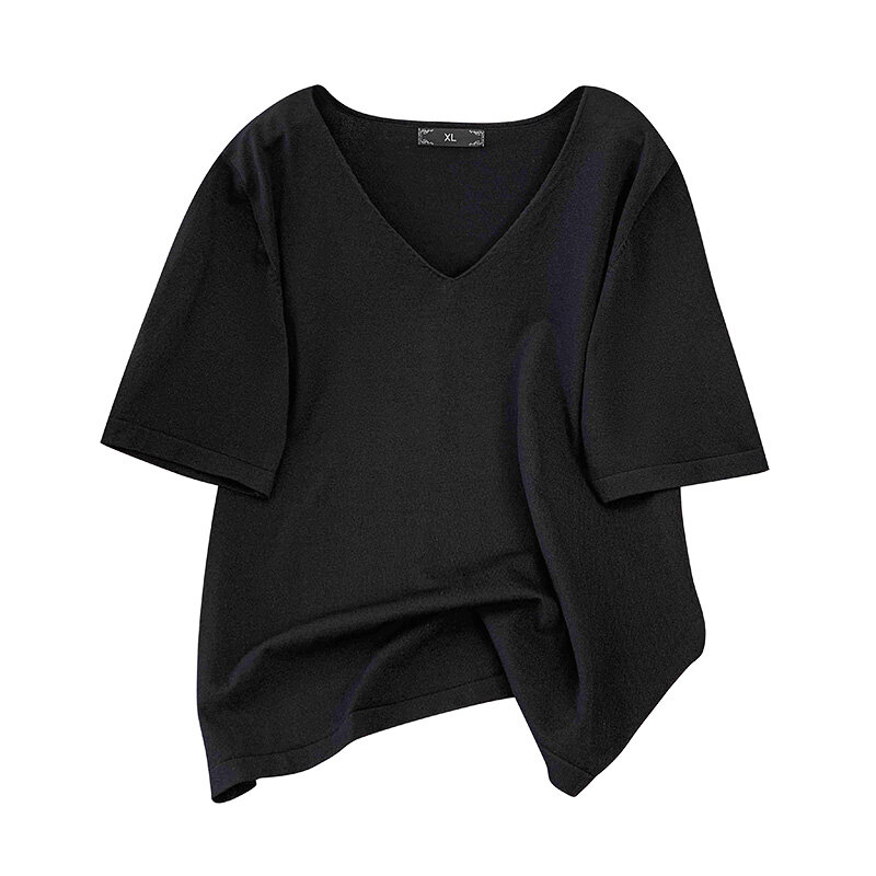 Camiseta de manga corta con cuello en V para mujer, prenda de talla grande con cuerpo en forma de pera mm rechoncho, de gran tamaño, de verano, 9166