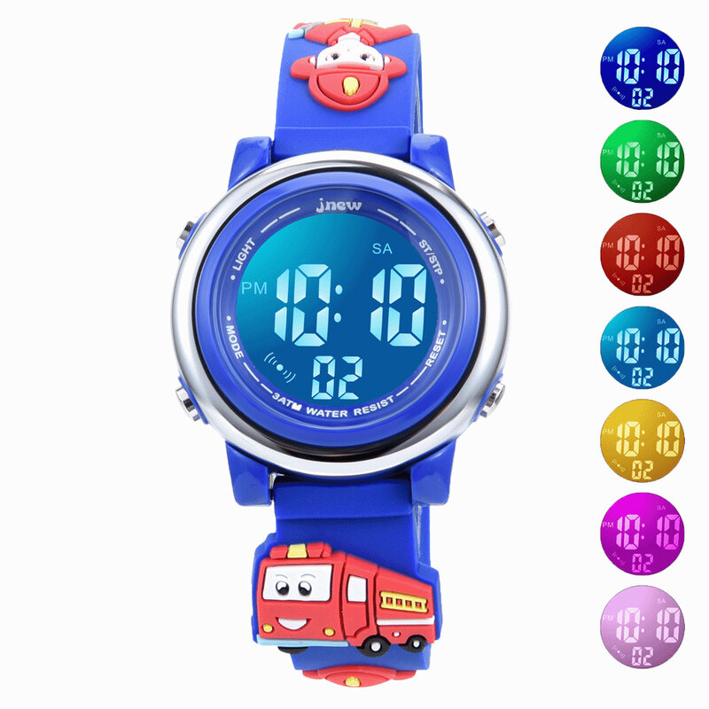 Uthai นาฬิกาข้อมือ LED สำหรับเด็ก, 3ATM Jam Tangan Digital อิเล็กทรอนิกส์รูปการ์ตูนนักผจญเพลิงกันน้ำนาฬิกาปลุก