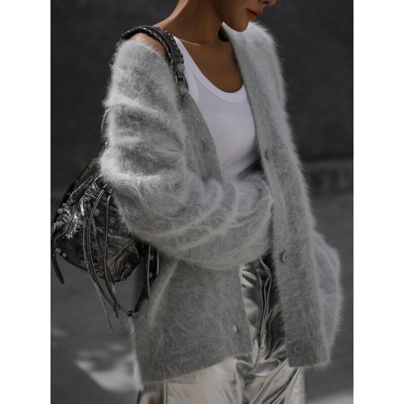 Mink-like Knitted sweater Cardigan European and American 2024 Lazy Loose Long Sleeve V-neck Coat Women