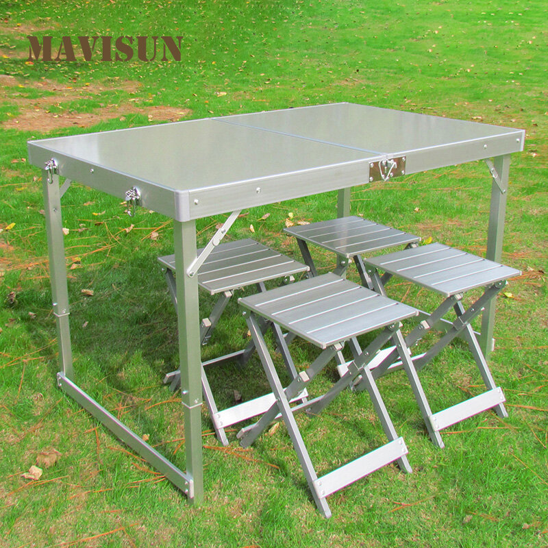 Nowy składany stół na zewnątrz i 4 zestaw mebli z krzesłami ze stopu aluminium przenośny grill Chaises piknik stoły samochodowe meble podświetlane ogród 의 자
