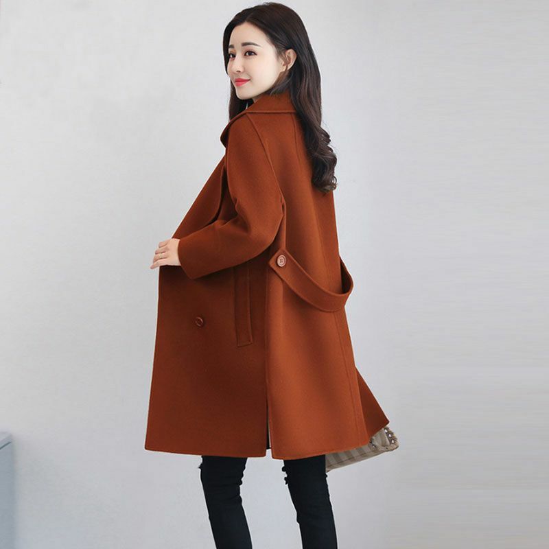 Jaket musim dingin wanita, kasual longgar gaya jaket musim dingin kancing dua baris jaket luar warna Solid V9
